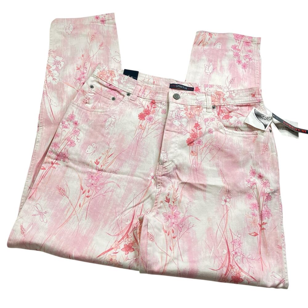 Bill Blass Jeans VTG Pastel Pink Floral Stretch Jeans Cotton Ankle NWT Womens 14